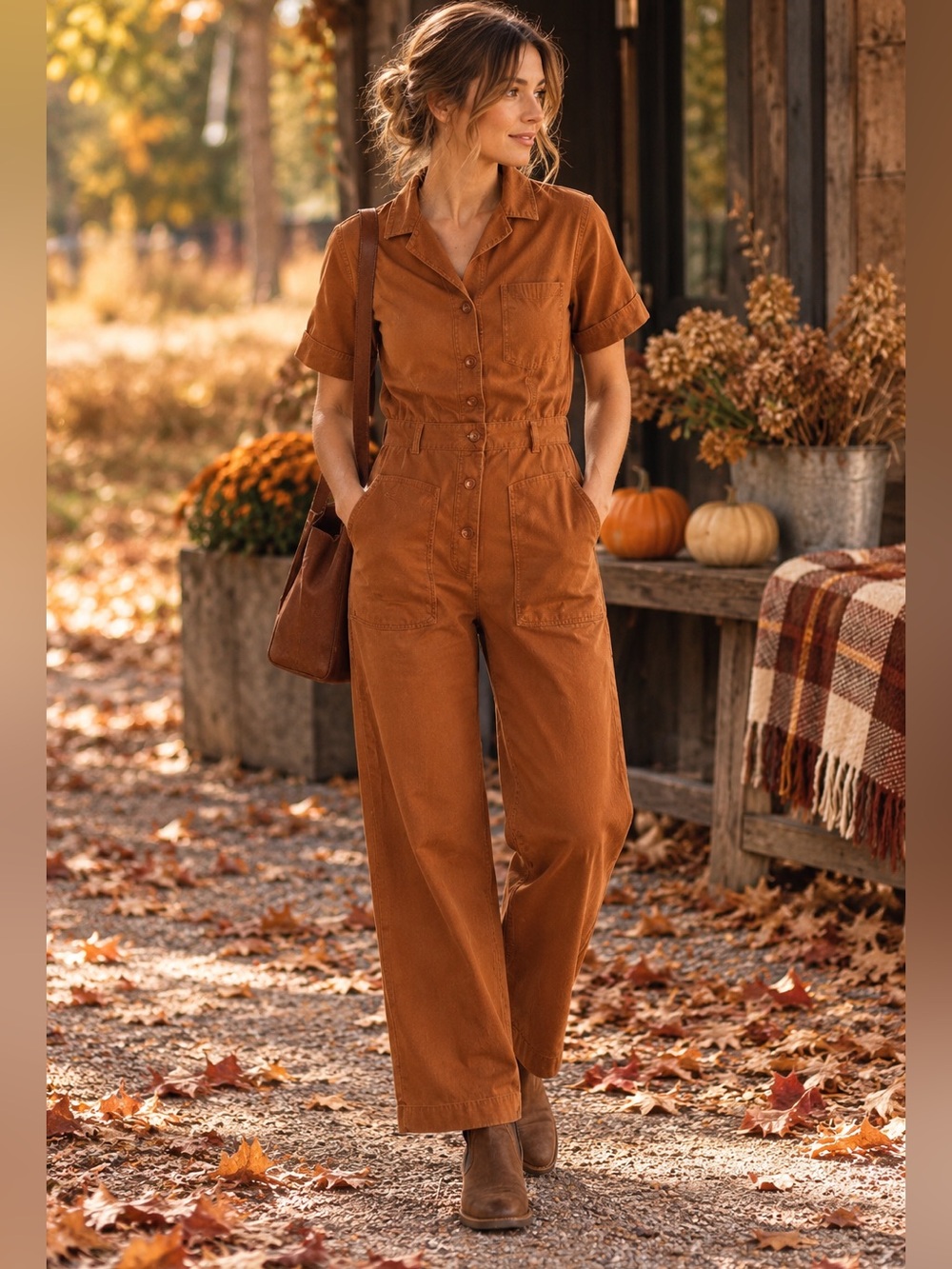 Sessùn Long Hoa Linen Blend Utility Jumpsuit Brown Rust Boiler Suit French
